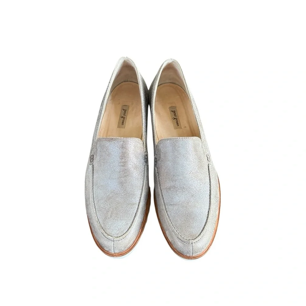 Paul Green Gold Crackled Metallic Leather Lug Sole Loafers Size 9.5–10